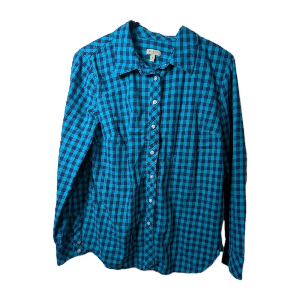 Talbots Flannel Checkered Shirt Women's Size Medium Blouse Blue Shirt Preppy EUC
